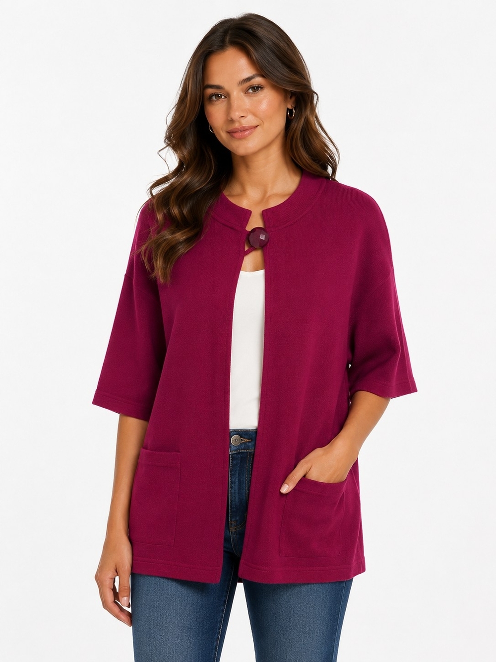 Blair Women's Short-Sleeve Cardigan Sweater - Berry - Size L